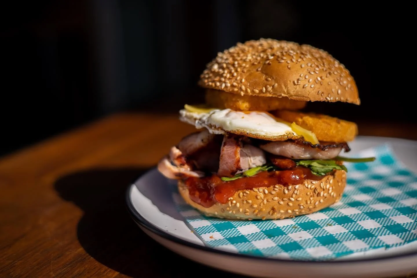 A burger served at Lotus Cafe